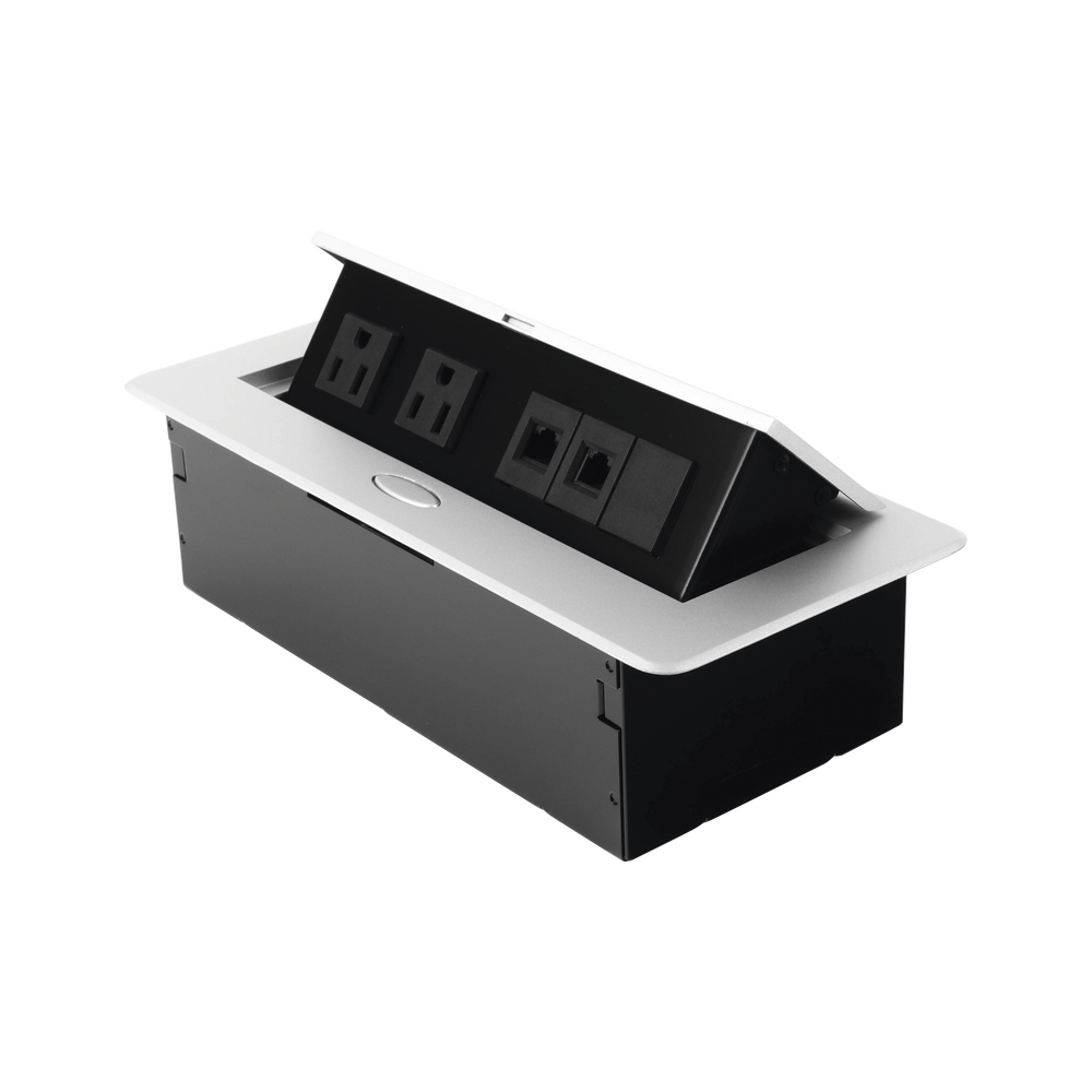 Caja horizontal de escritorio, con conector RJ45 Cat5e, RJ11, 2 contactos de 125v (11000-73201)
