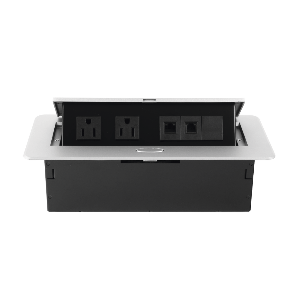 Caja horizontal de escritorio, con conector RJ45 Cat5e, RJ11, 2 contactos de 125v (11000-73201)