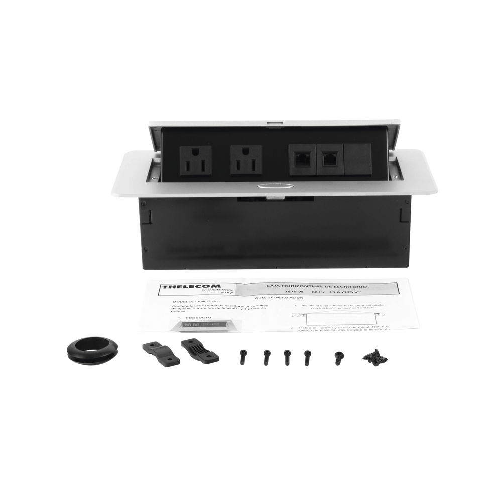 Caja horizontal de escritorio, con conector RJ45 Cat5e, RJ11, 2 contactos de 125v (11000-73201)