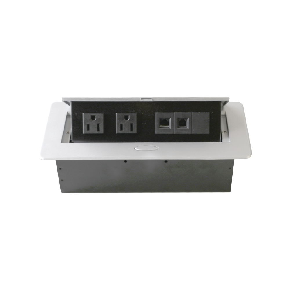 Caja horizontal de escritorio, con conector RJ45 Cat5e, RJ11, 2 contactos de 125v (11000-73201)