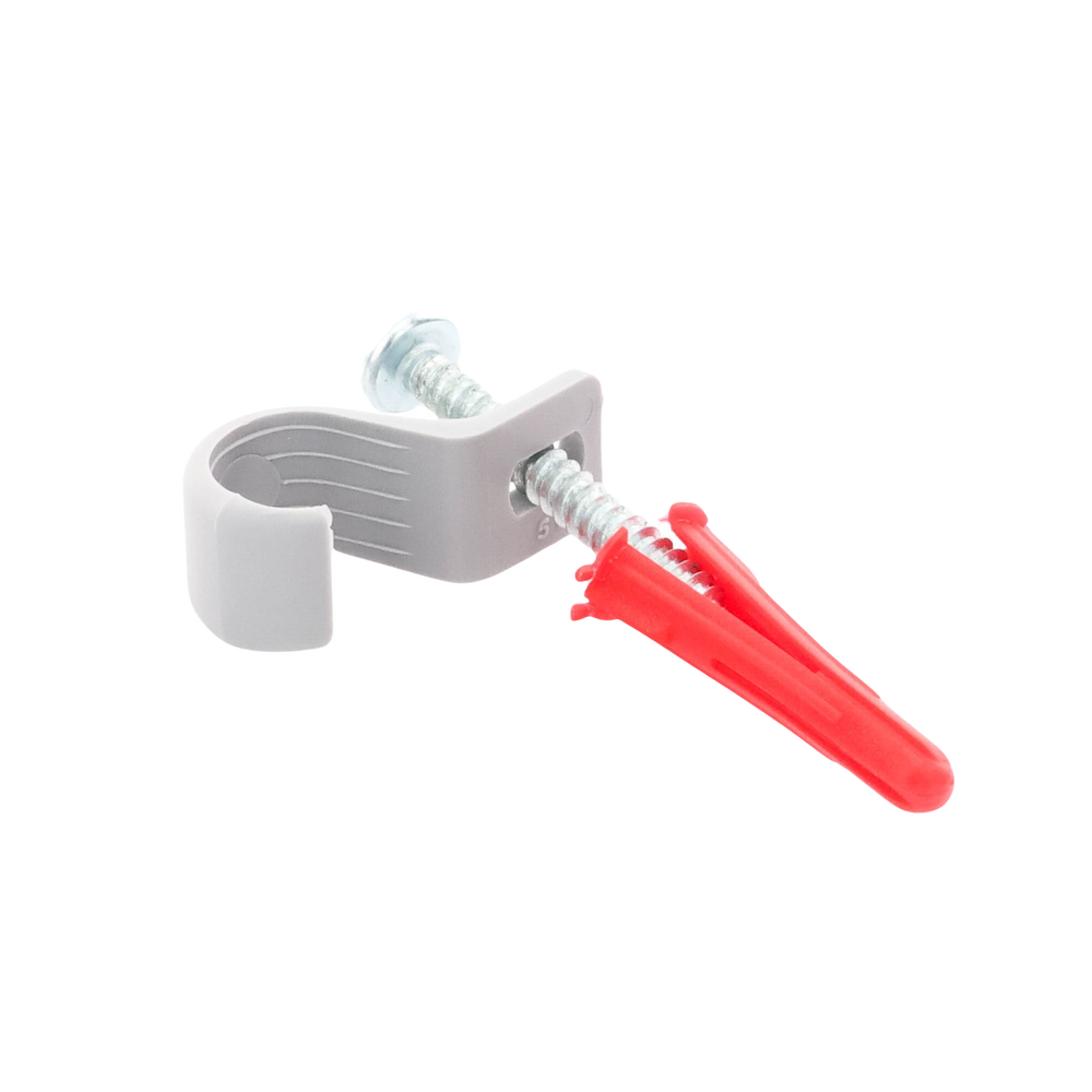 Kit de 8 grapas, 8 taquetes y 8 tornillos para sujetar conductores redondos o tubo en muro (para tubo de 1/2) (2104-07240)