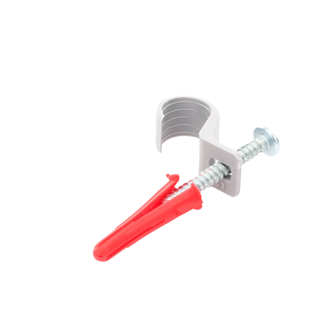 Kit de 8 grapas, 8 taquetes y 8 tornillos para sujetar conductores redondos o tubo en muro (para tubo de 1/2) (2104-07240)