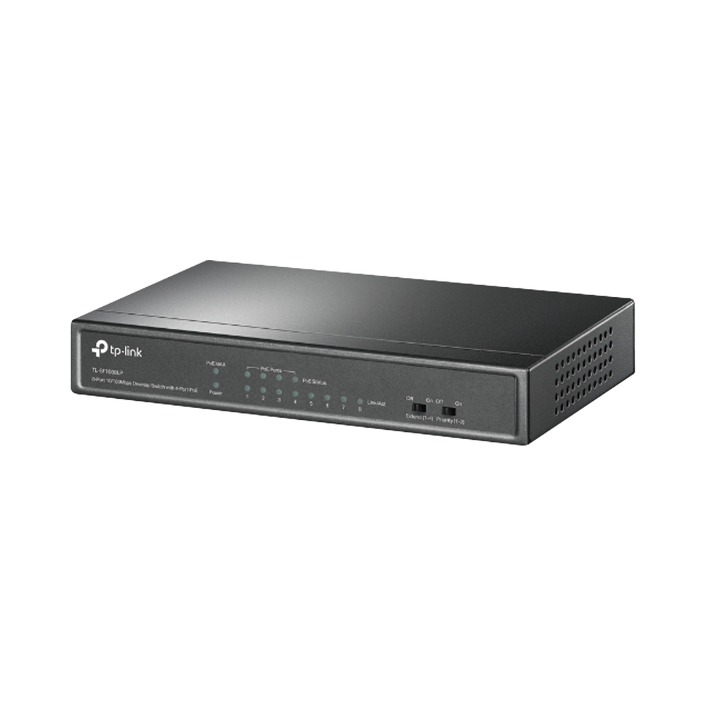 Switch PoE no Administrable de escritorio 8 puertos 10/100 Mbps, 4 puertos PoE, 41 W, modo extensor PoE hasta 250 metros.