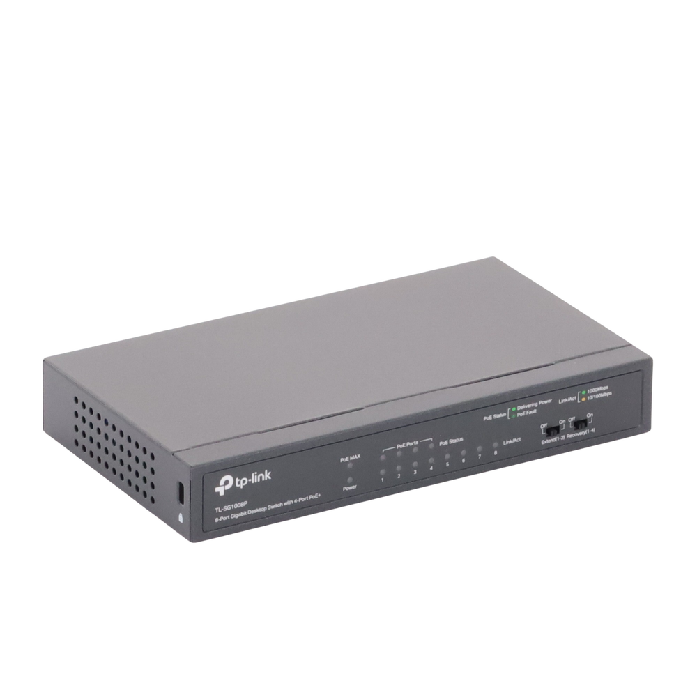 Switch Gigabit PoE+ no administrable de 8 puertos 10/100/1000 Mbps y 4 puertos PoE para escritorio
