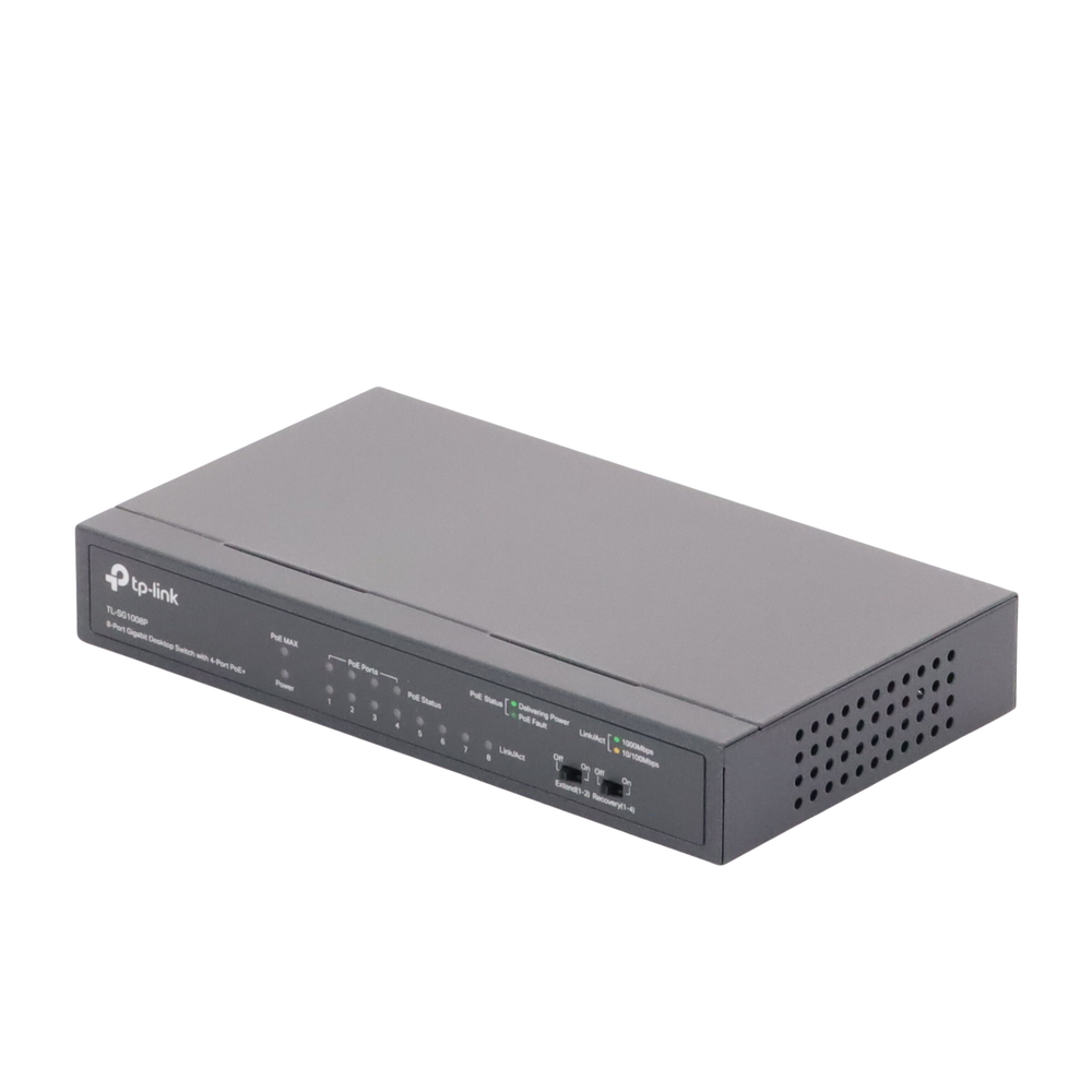 Switch Gigabit PoE+ no administrable de 8 puertos 10/100/1000 Mbps y 4 puertos PoE para escritorio