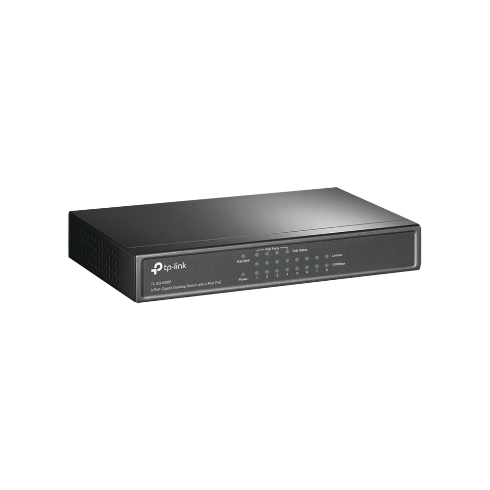 Switch Gigabit PoE+ no administrable de 8 puertos 10/100/1000 Mbps y 4 puertos PoE para escritorio