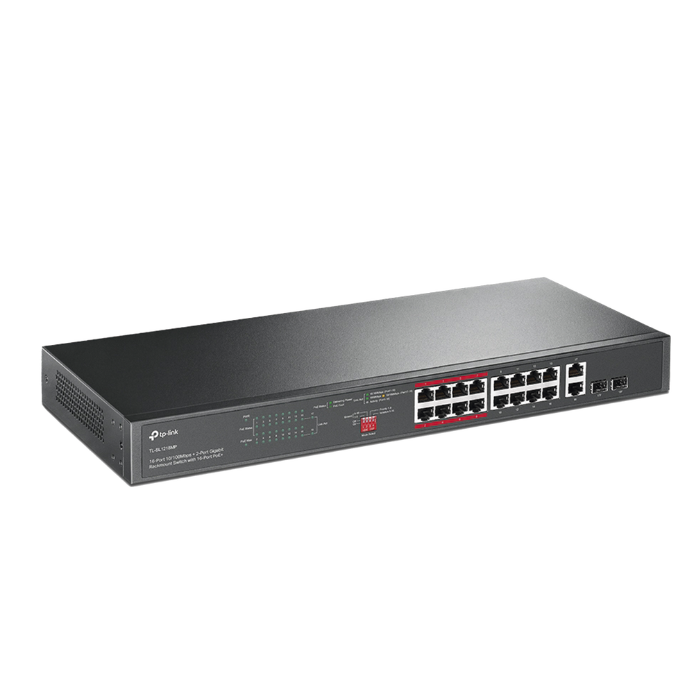 16-Port 10/100 Mbps Unmanaged PoE+ Switch, 2 x 10/100/1000 Combo Ports with 2 x SFP Ports, 194W, PoE Extender up to 250m