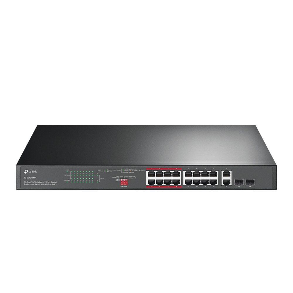 Switch PoE+ no Administrable de 16 puertos 10/100 Mbps, 2 puertos 10/100/1000 en combo con 2 puertos SFP, 194 W, Extensor PoE de hasta 250 m