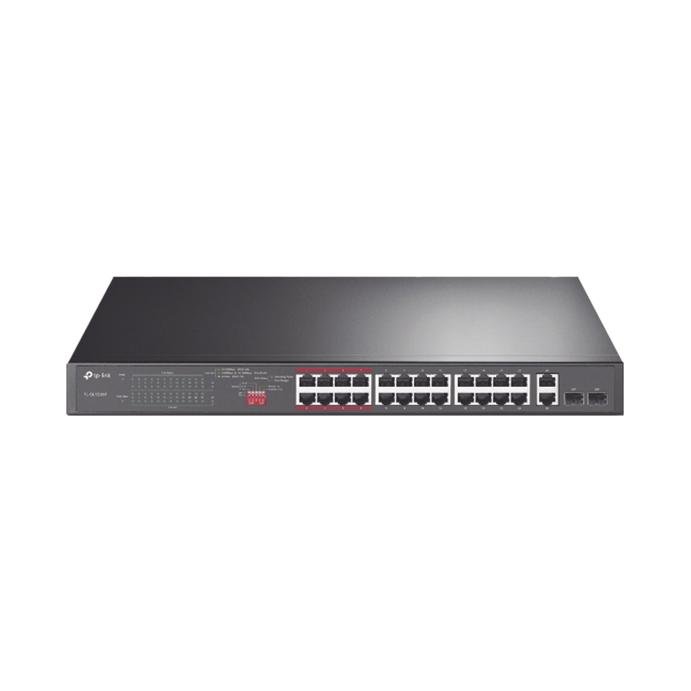 Switch PoE+ no Administrable 26 puertos 10/100 Mbps + 2 puertos 10/100/1000 Mbps + 2 puertos SFP, 8 puertos Extensor PoE (hasta 250 m), 250W, diseño para Vigilancia IP