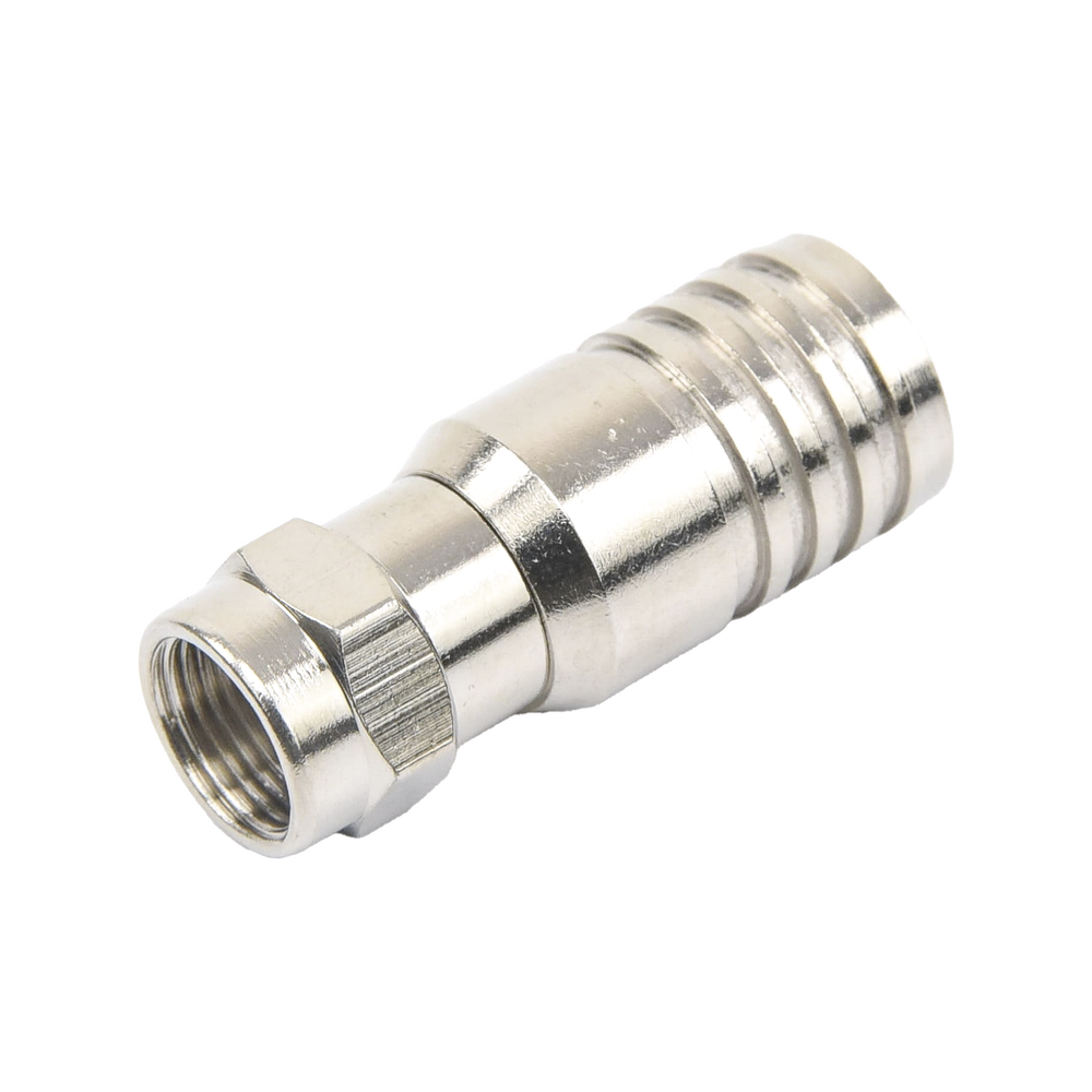 Conector F Macho en 75 Ohm, Plegable para Instalar en Cables Coaxiales RG-11, Cuerpo de Bronce-Niquelado/ Teflón.