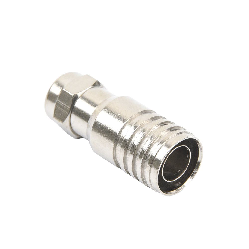 Conector F Macho en 75 Ohm, Plegable para Instalar en Cables Coaxiales RG-11, Cuerpo de Bronce-Niquelado/ Teflón.