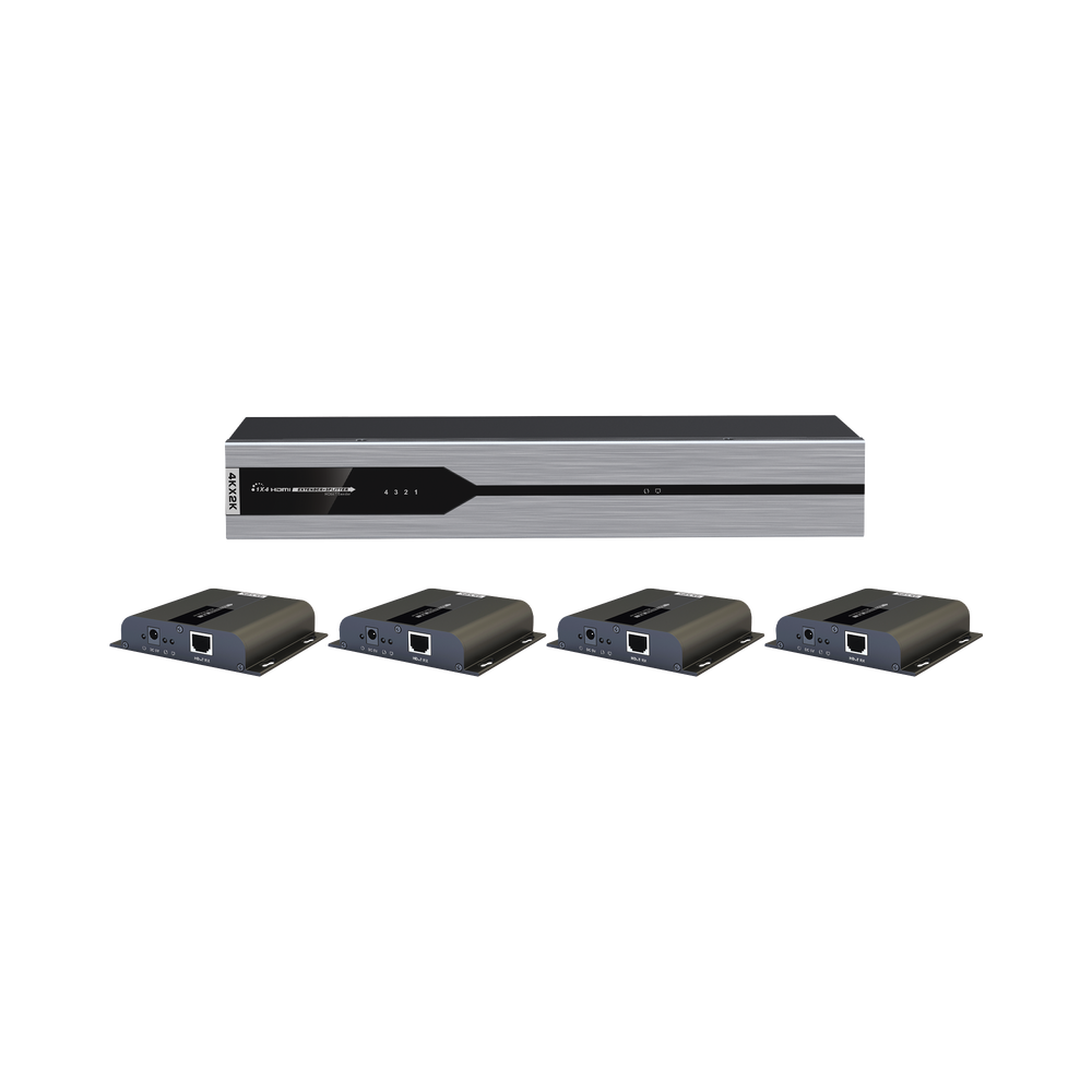 Kit Divisor y Extensor HDMI (Extender Splitter) / Divide 1 Fuente HDMI a 4 Pantallas / Extiende la señal HDMI hasta 120 m / Resolución 4Kx2K @ 30 Hz / Cat 5e/6/6a / Uso 24/7 / Longitud del cable autoajustable / Alimente solo el Tx (PoC).