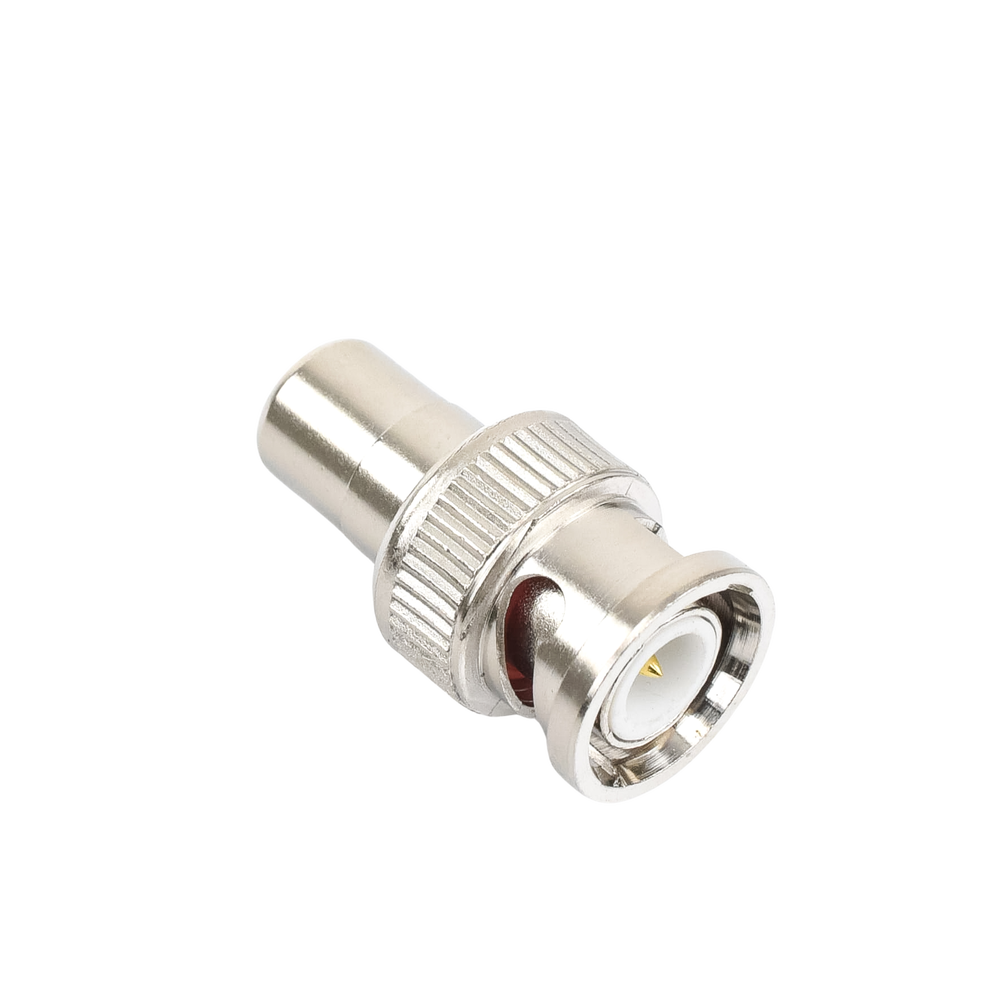 Inline adapter for 75 Ohm, from BNC male connector to RCA female in Audio-Video applications for cameras, monitors and DVRs.