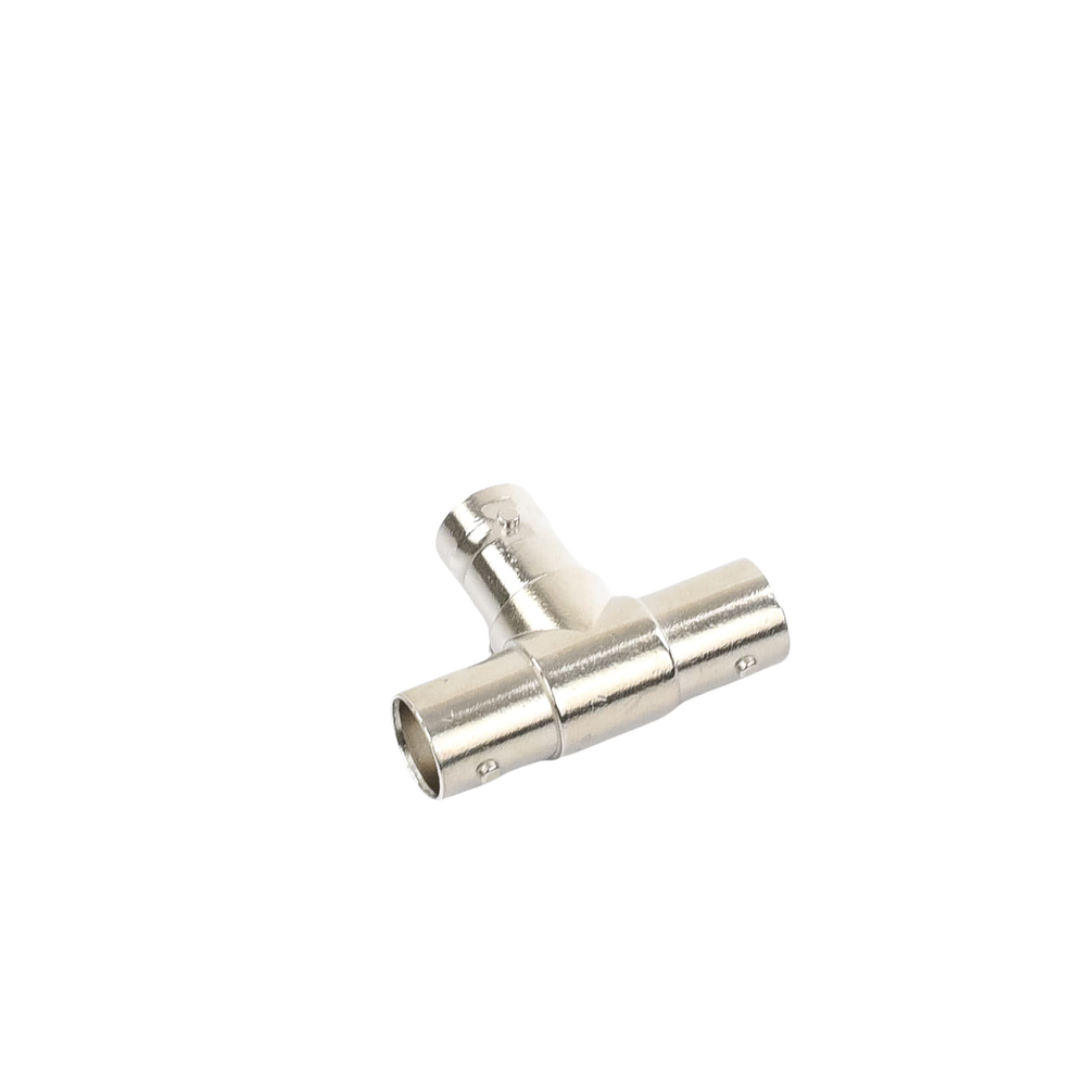 T-adapter for 75 Ohm triple BNC female connectors, Nickel/Gold/Teflon.
