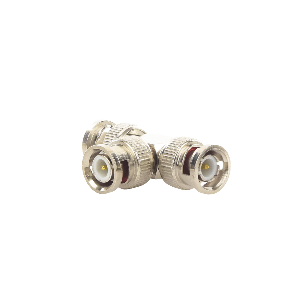 Adaptador de Triple conectores BNC macho para uso en sistemas de CCTV en aplicación con cables coaxiales RG-59/ RG-6, Níquel/ Oro/ Politetrafluoroetileno.
