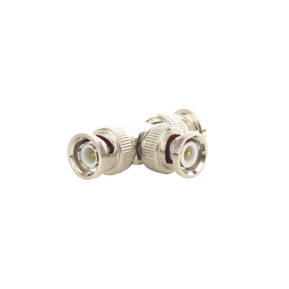 Adaptador de Triple conectores BNC macho para uso en sistemas de CCTV en aplicación con cables coaxiales RG-59/ RG-6, Níquel/ Oro/ Politetrafluoroetileno.