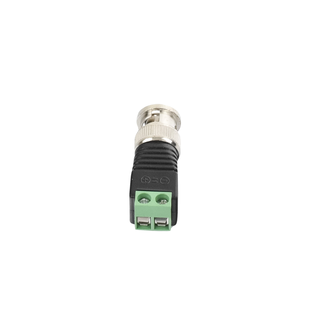Adaptador de conector BNC macho a 2 terminales-tornillo para cables AWG-26-14, en aplicaciones CCTV, Níquel/ Oro/ PTFE y PVC.