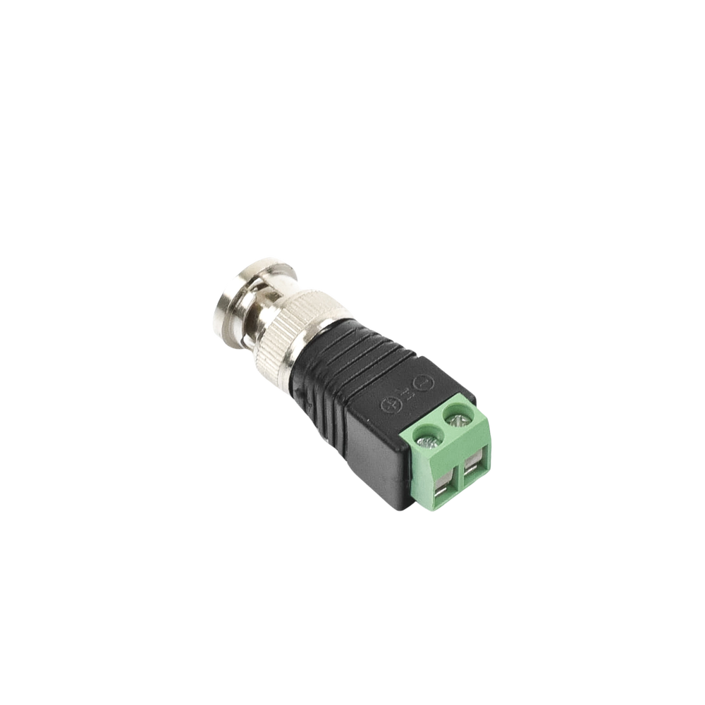 Adaptador de conector BNC macho a 2 terminales-tornillo para cables AWG-26-14, en aplicaciones CCTV, Níquel/ Oro/ PTFE y PVC.