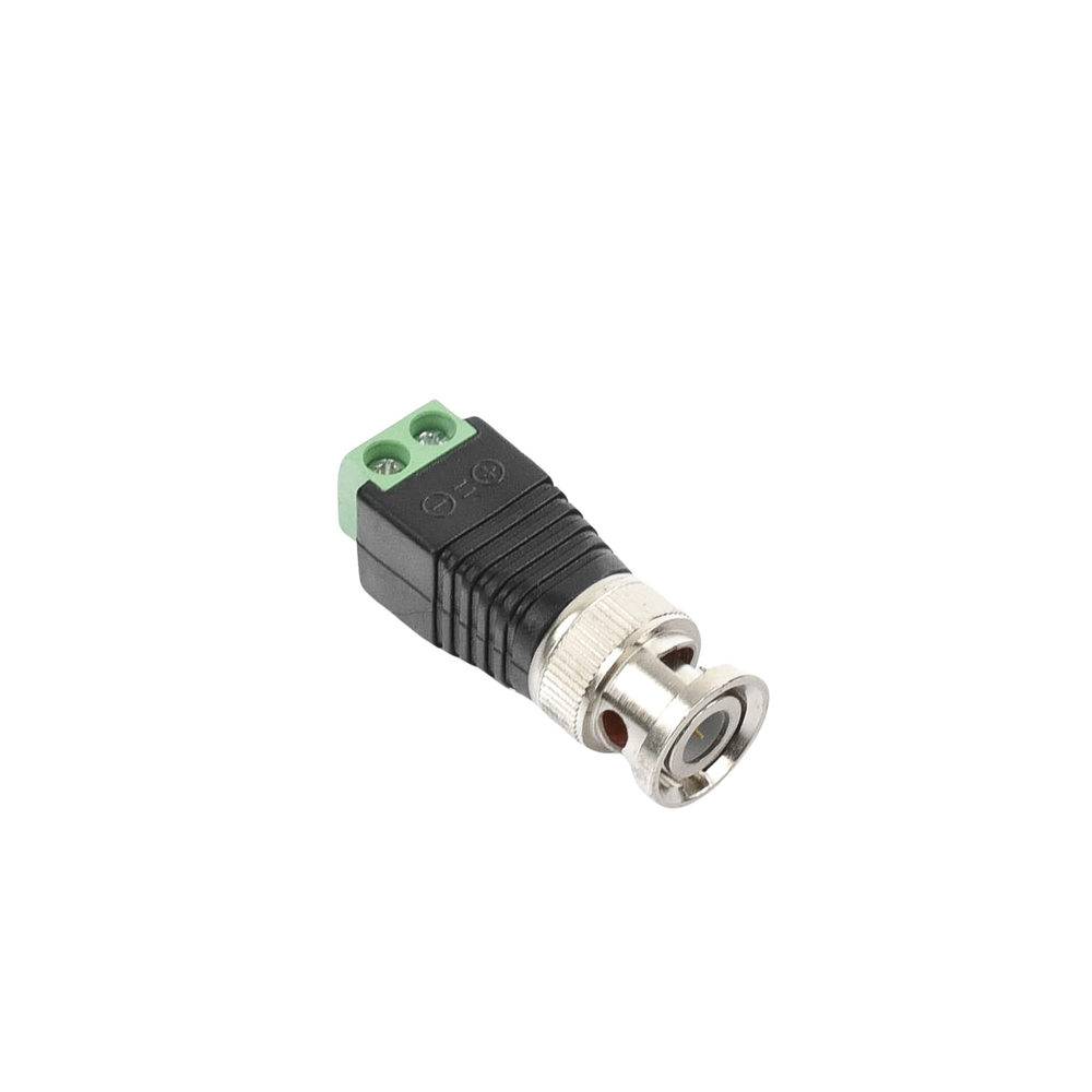 Adaptador de conector BNC macho a 2 terminales-tornillo para cables AWG-26-14, en aplicaciones CCTV, Níquel/ Oro/ PTFE y PVC.