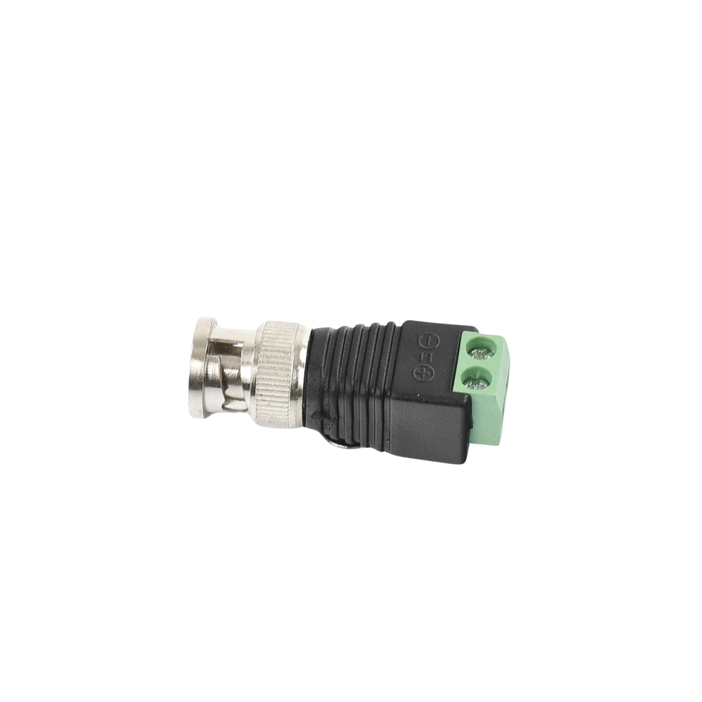 Adaptador de conector BNC macho a 2 terminales-tornillo para cables AWG-26-14, en aplicaciones CCTV, Níquel/ Oro/ PTFE y PVC.