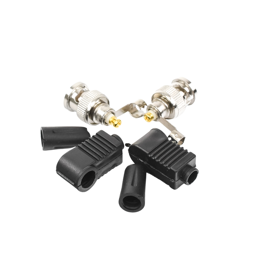 Conector BNC Macho de 75 Ohm en Ángulo Recto con Base Plástica de Alivio en PVC para Cable Coaxial RG-59/ RG-6.