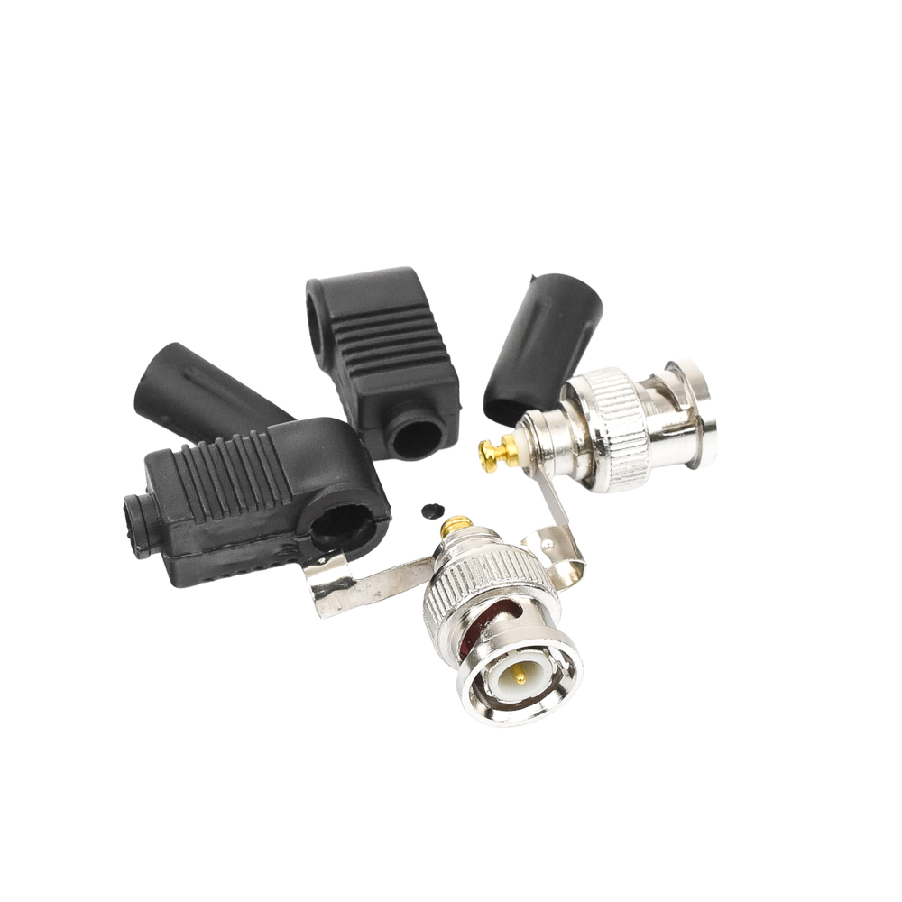 75 Ohm Right Angle BNC Male Connector with PVC Plastic Relief Base for RG-59/RG-6 Coaxial Cable.