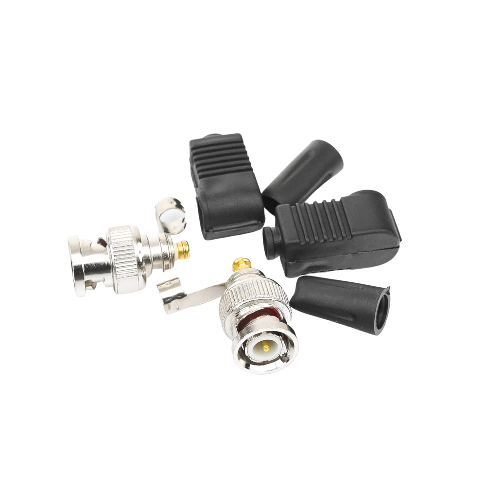 75 Ohm Right Angle BNC Male Connector with PVC Plastic Relief Base for RG-59/RG-6 Coaxial Cable.