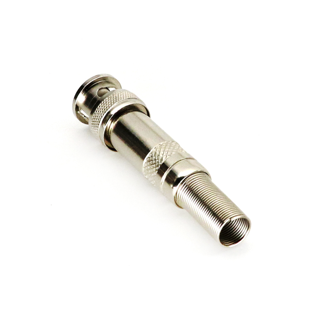 Conector BNC macho de 75 Ohm, con base de resorte para montar a presión cable coaxial RG-59/ RG-6, Níquel/ Oro/ Teflón.