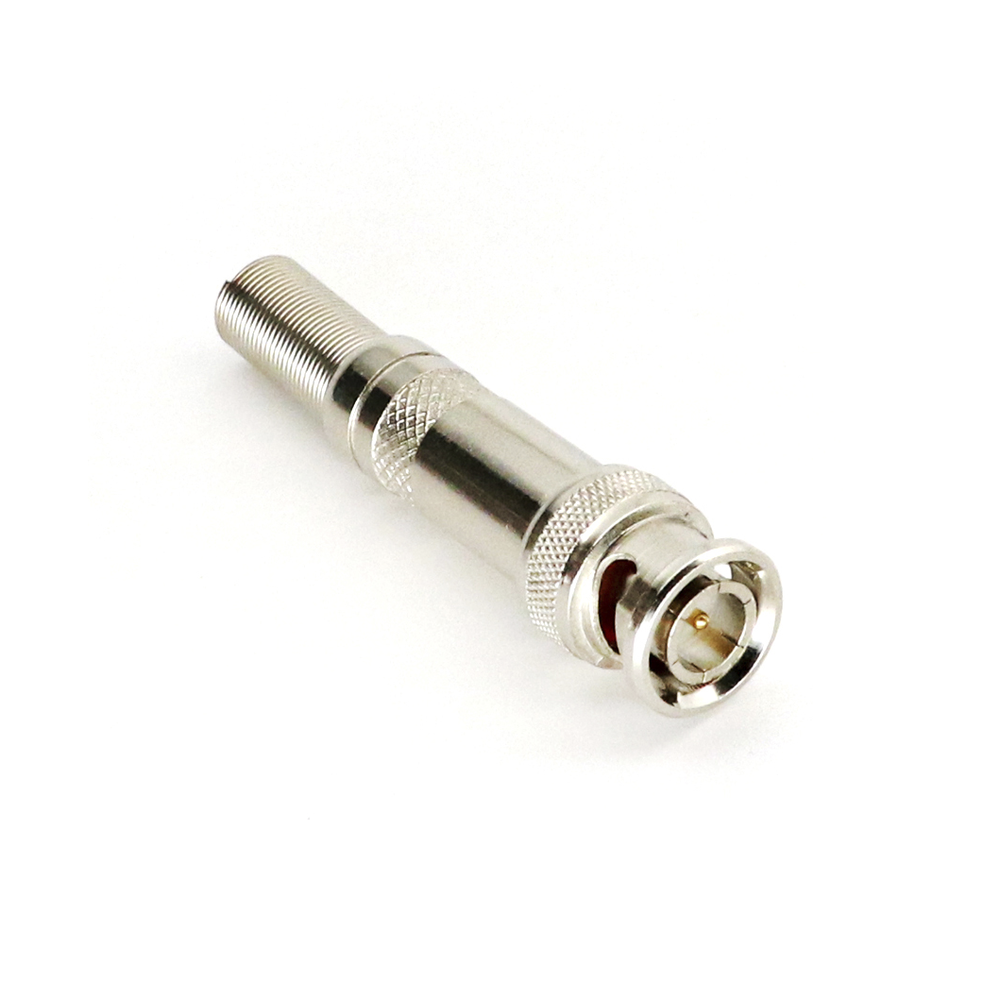 Conector BNC macho de 75 Ohm, con base de resorte para montar a presión cable coaxial RG-59/ RG-6, Níquel/ Oro/ Teflón.