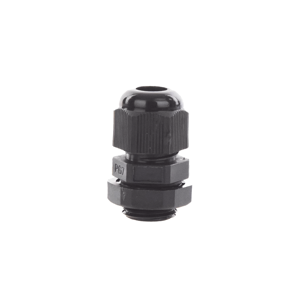 Black Plastic Gland Type Connector for Cable from 3.5 to 6 mm Diameter.