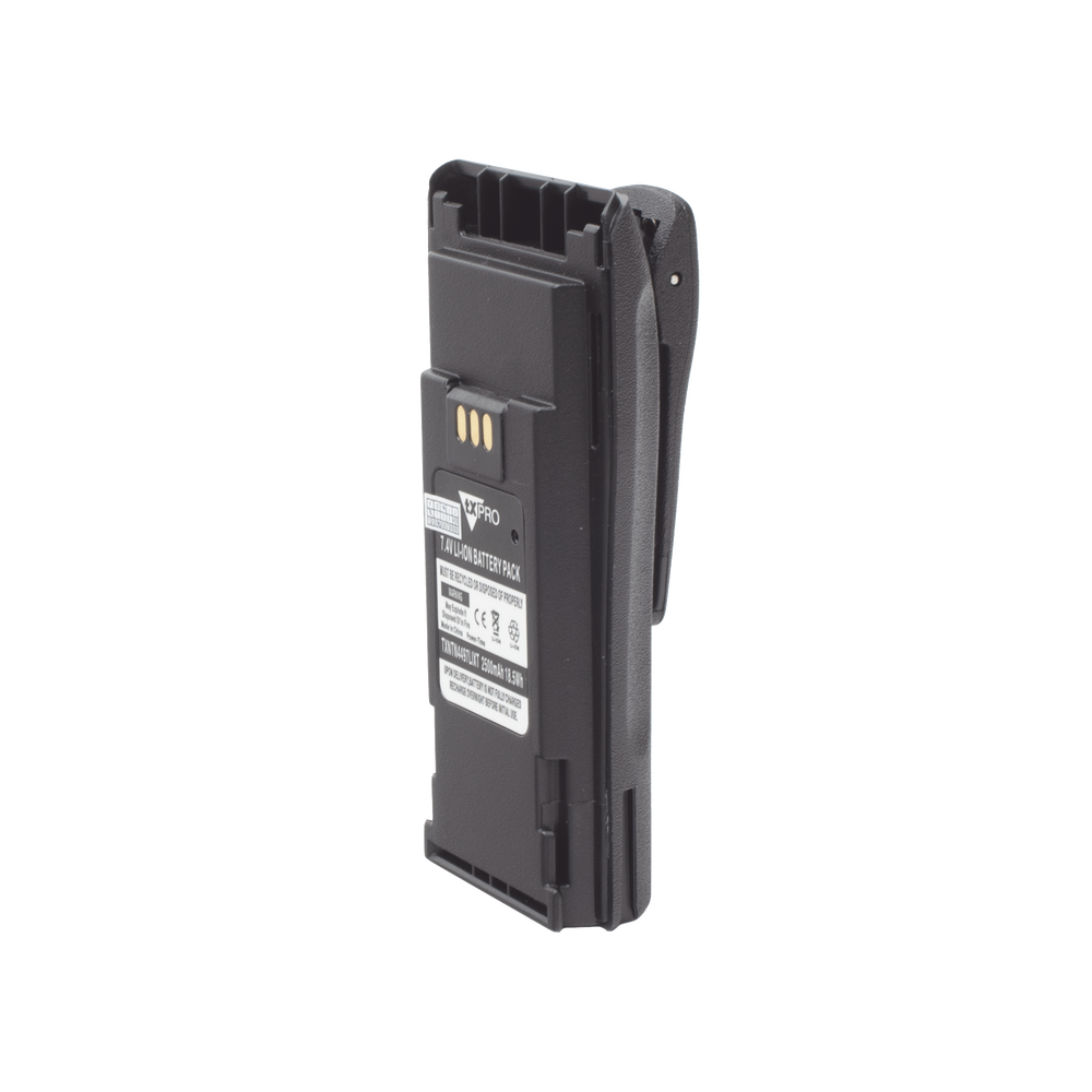 Li-Ion battery, 2500 mAh. Alternative to HNTN4497 for the Motorola EP-450/ DEP 450/ CP200/ CP250/ PR400/ GP3388/ CP080/ 150/ 200 radio. (includes clip)