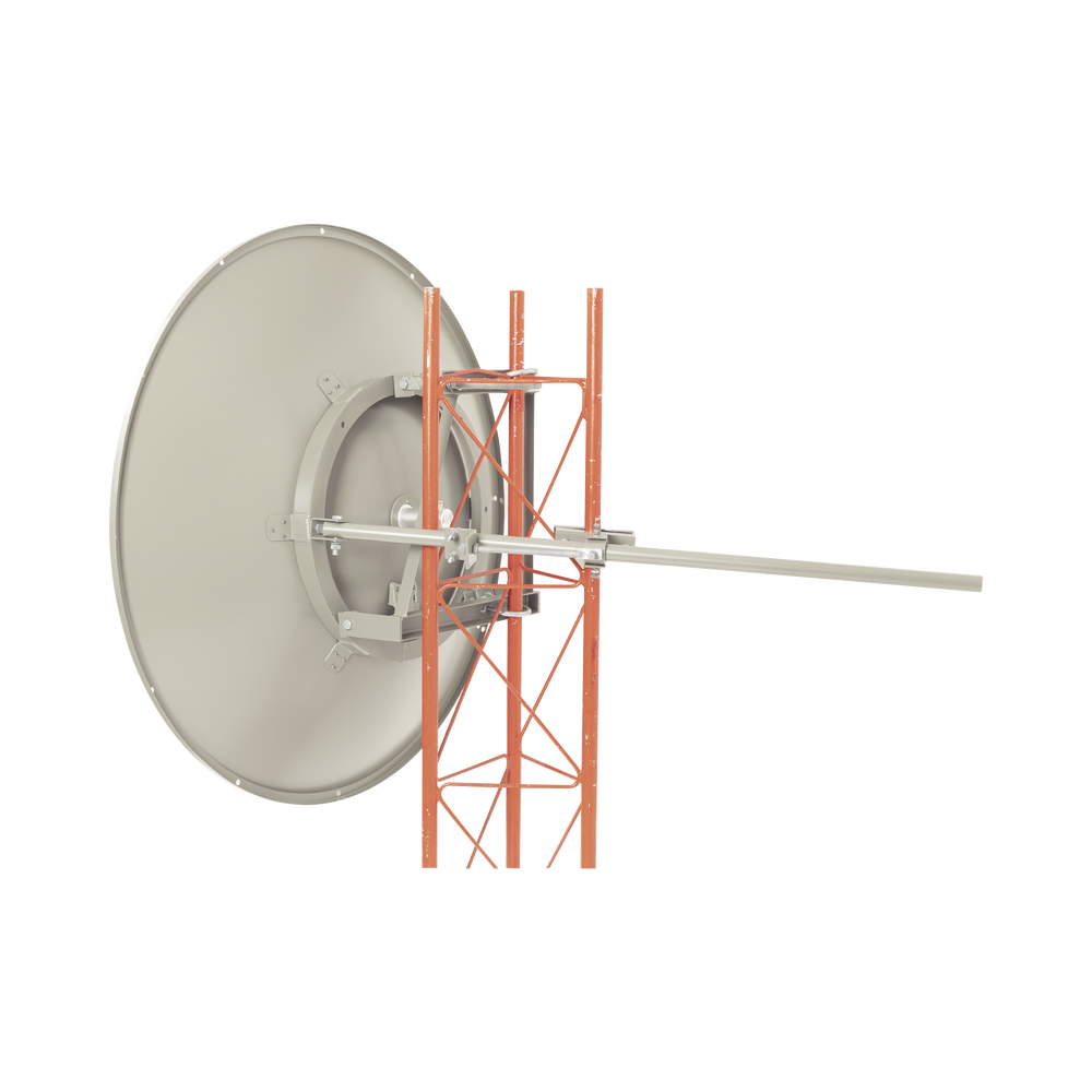 Highly directional antenna, 36 dBi gain, wide frequency range (4.9 - 6.5 GHz), N-female connectors, includes tower mount and stabilizer mount for high winds.
