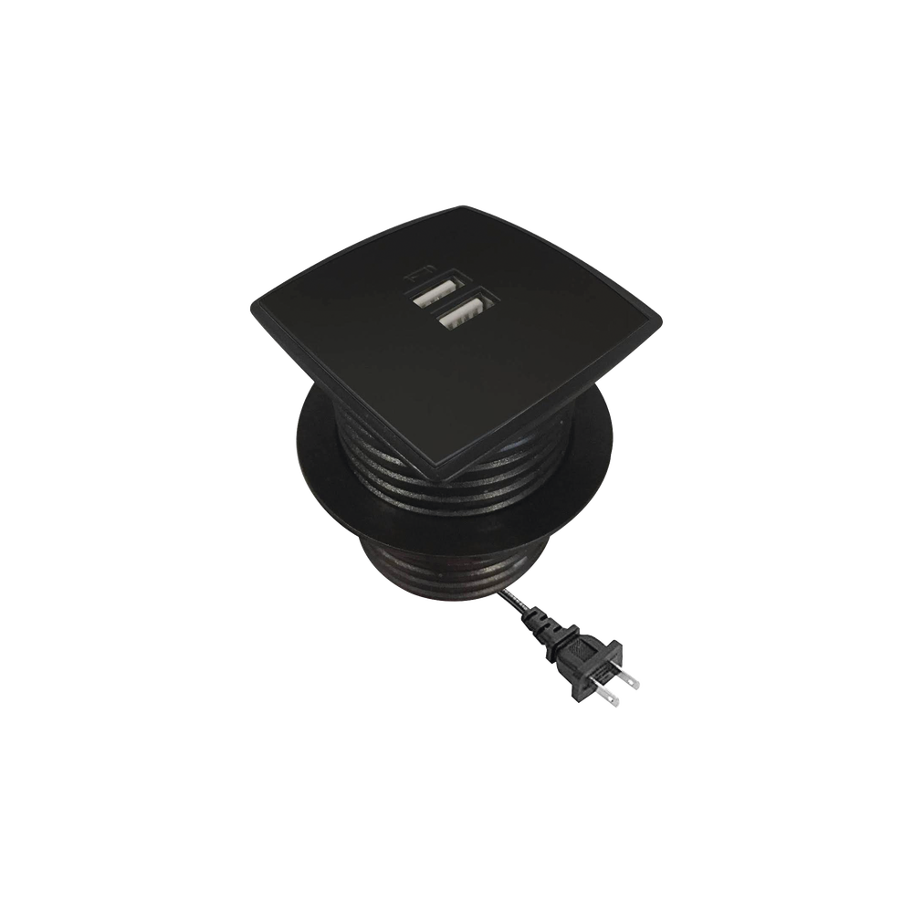 Caja cuadrada multy USB con 2 puertos USB y cable de corriente color negro