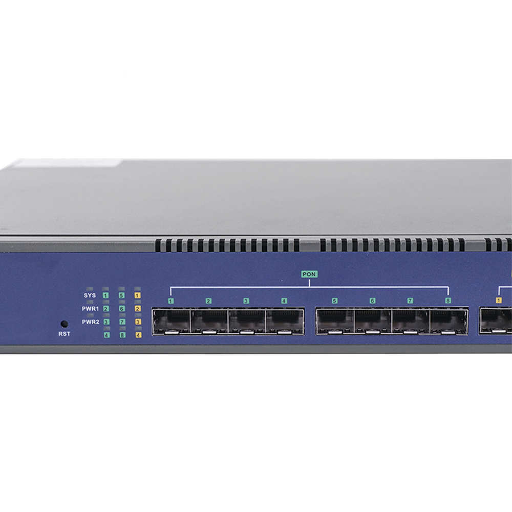 8-port GPON OLT with 8 Uplink ports (4 Gigabit Ethernet ports + 2 SFP ports + 2 SFP+ ports), up to 1024 ONUs