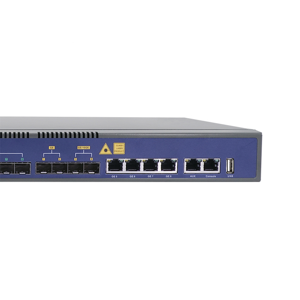 8-port GPON OLT with 8 Uplink ports (4 Gigabit Ethernet ports + 2 SFP ports + 2 SFP+ ports), up to 1024 ONUs