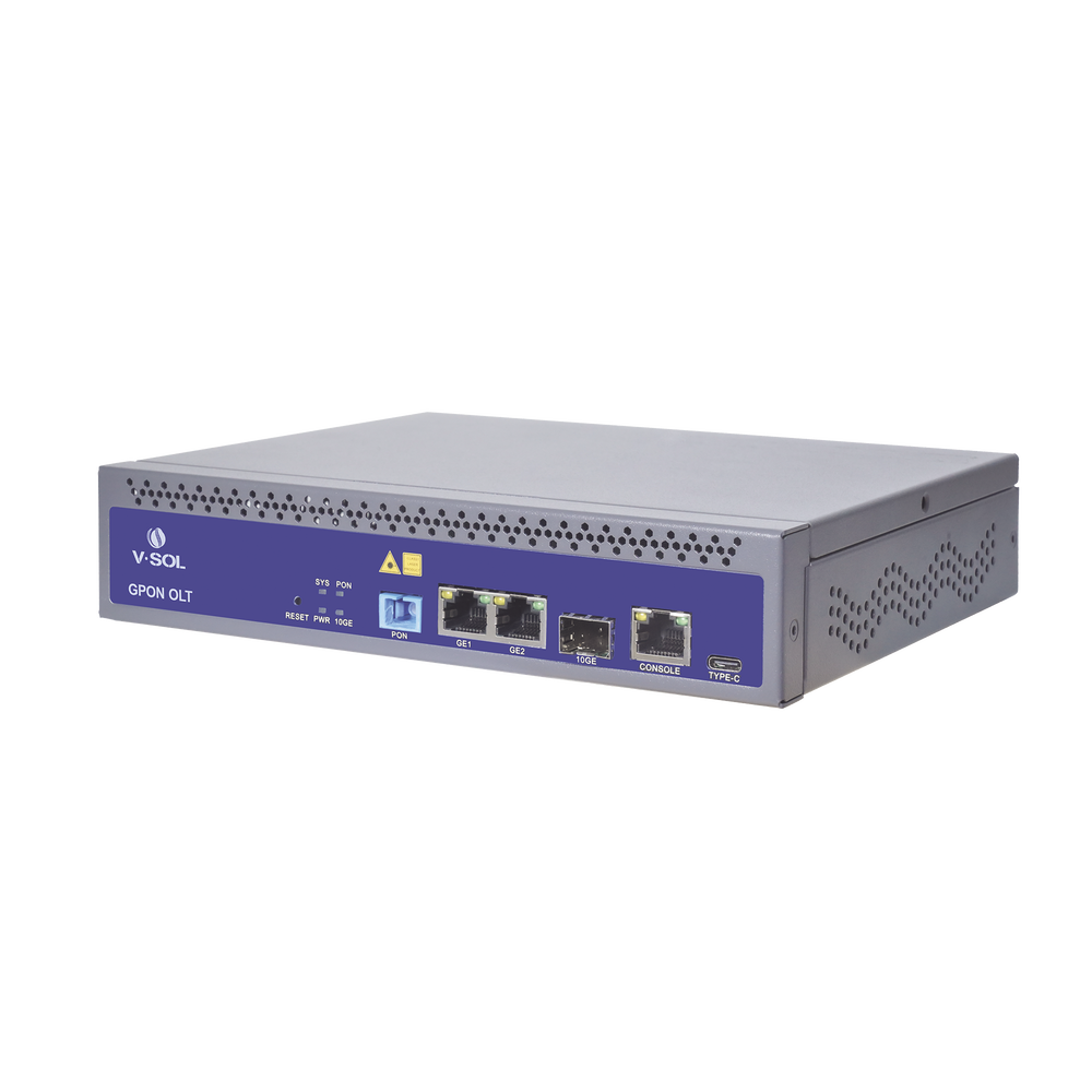 1 GPON port OLT with 3 Uplink ports (2 Gigabit Ethernet ports + 1 SFP/SFP+ port), up to 128 ONUs,