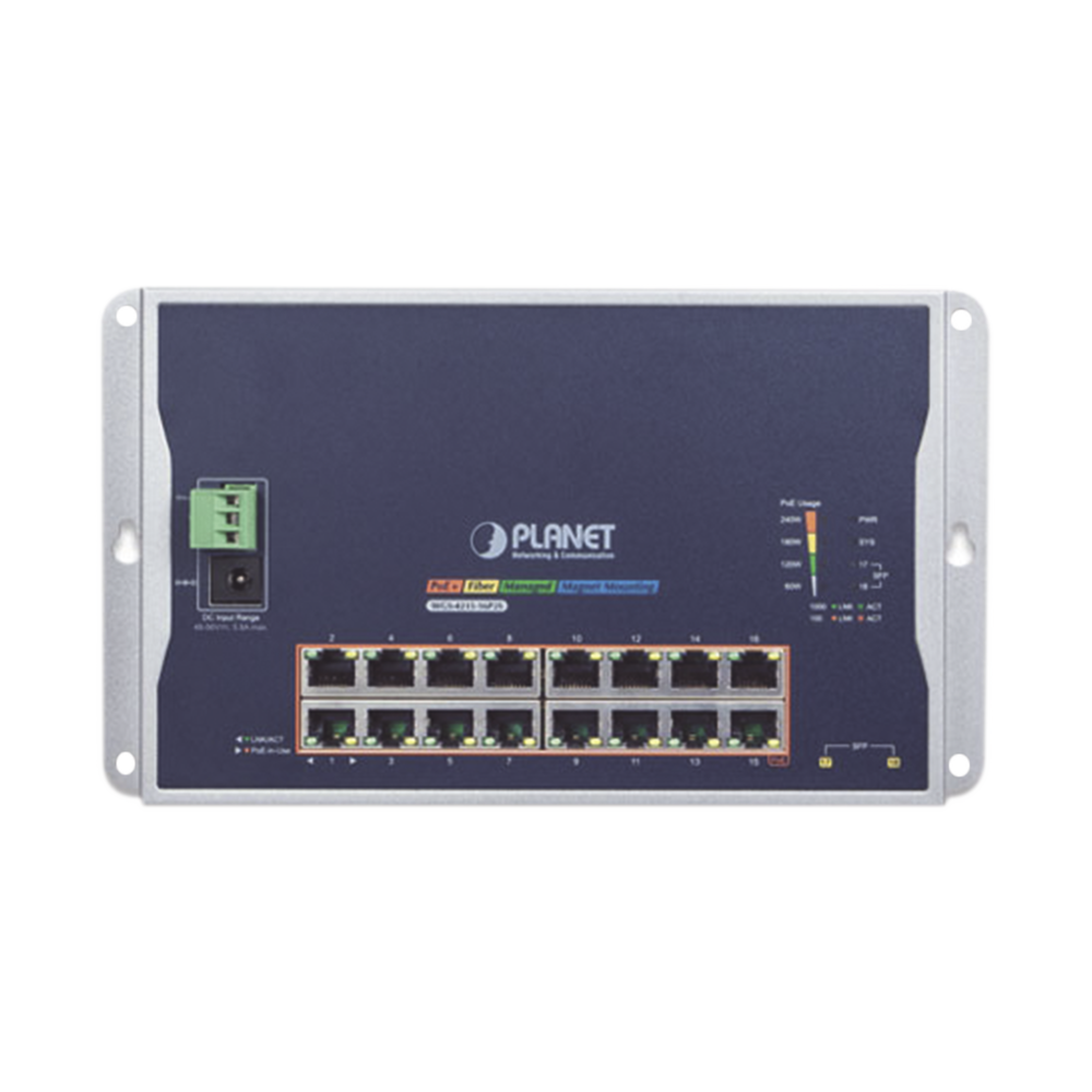 Layer 2 Industrial Wall-Mounted Managed Switch, 16 Gigabit 802.3at PoE Ports and 2 SFP Ports