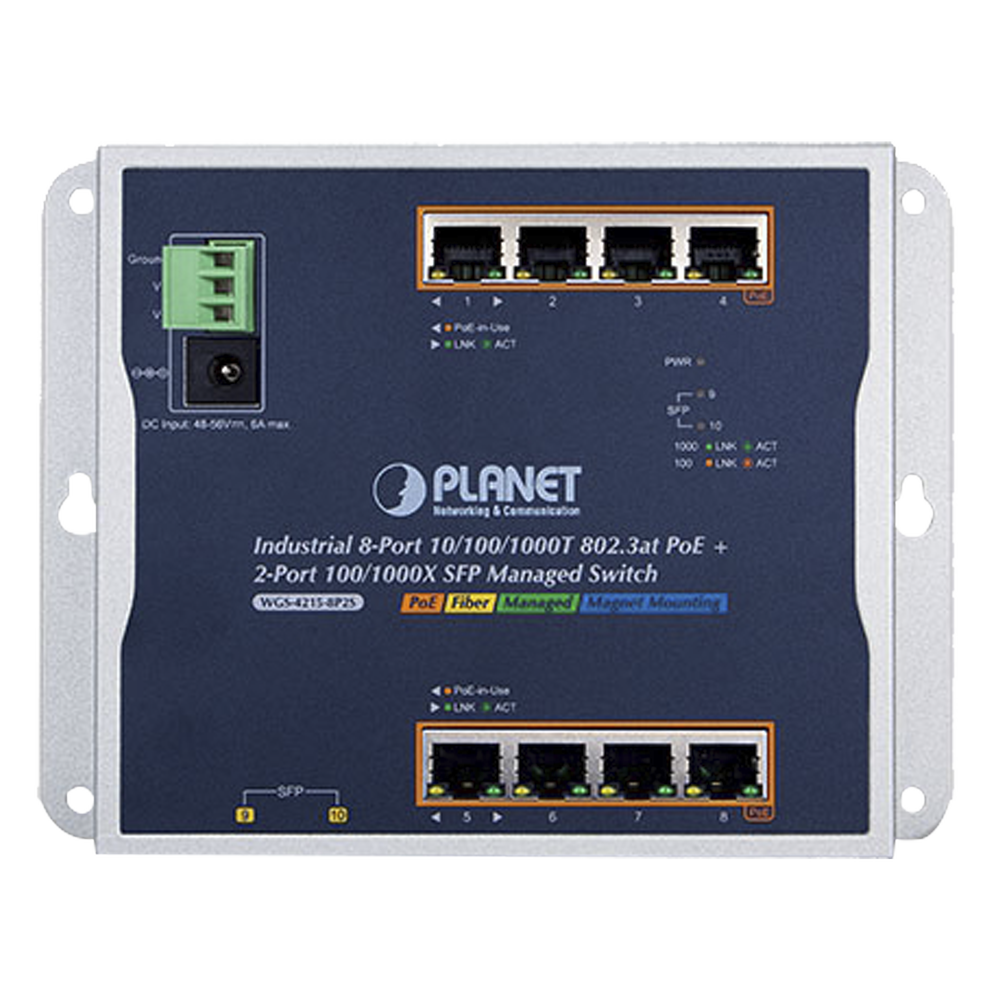 Layer 2 Industrial Wall-Managed PoE Switch, 8 Gigabit 802.3at PoE Ports and 2 100/1000X SFP Ports