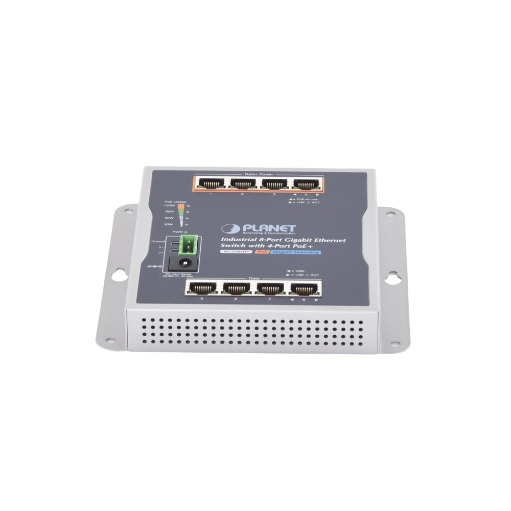 8-Port Gigabit Industrial Wall Switch with 4 PoE+ 802.3at Ports