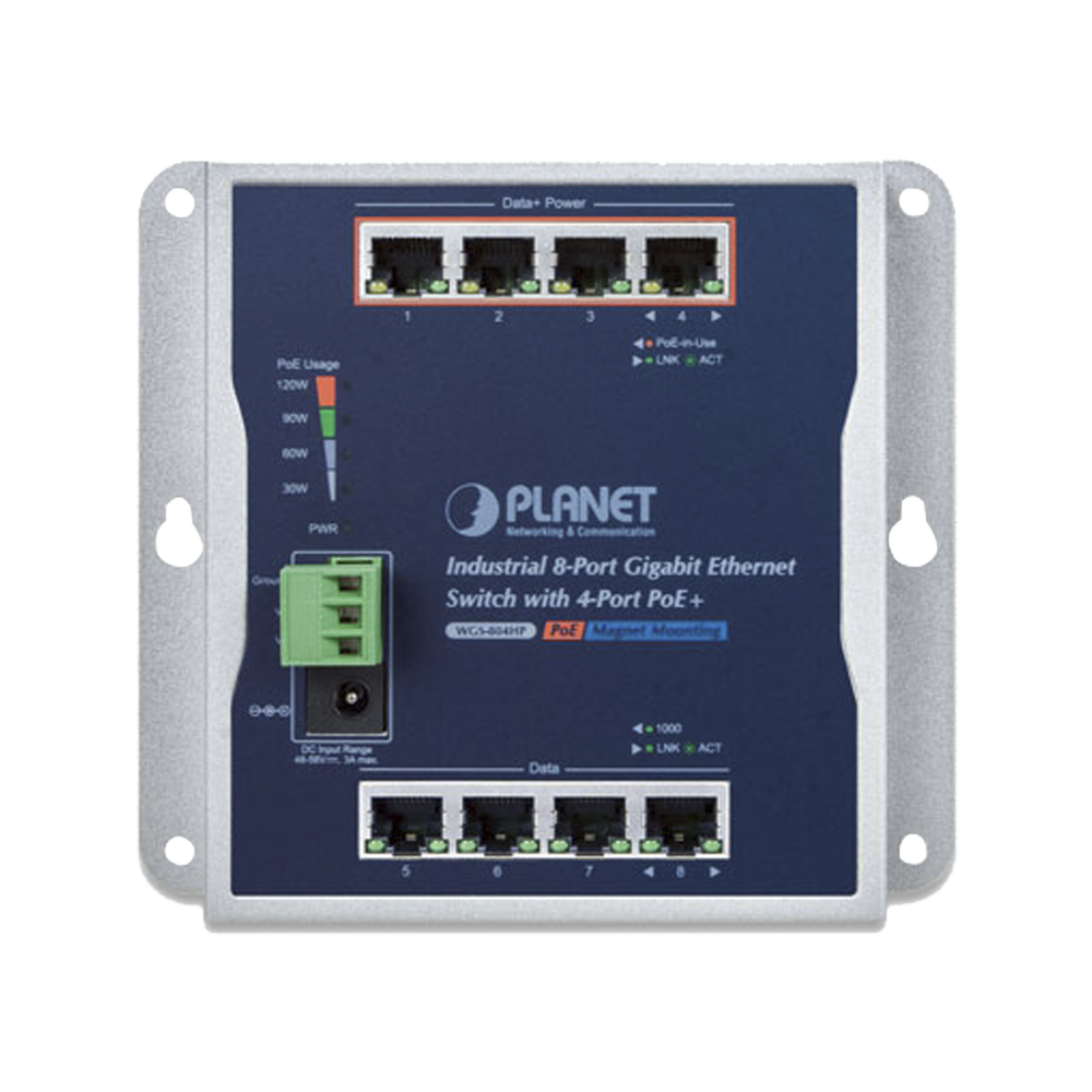 8-Port Gigabit Industrial Wall Switch with 4 PoE+ 802.3at Ports