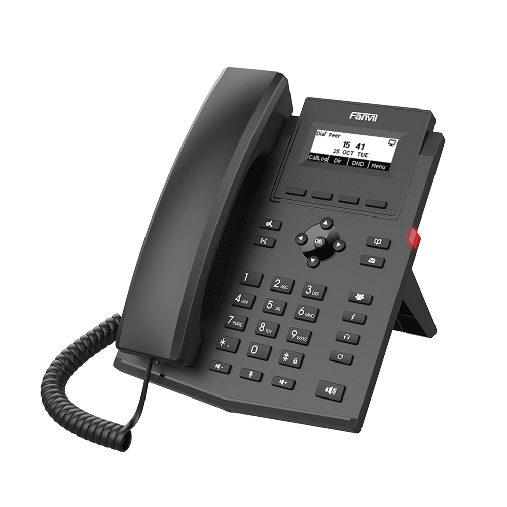 Business IP phone for 2 SIP lines with LCD display, Gigabit ports, Opus codec, 3-way conferencing, PoE.