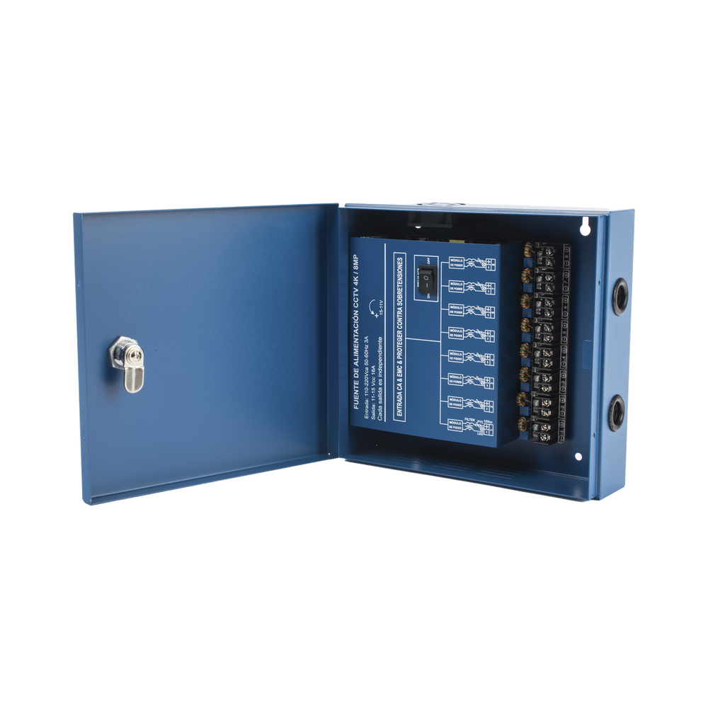Professional HEAVY DUTY Power Supply @ 16 Amps / 8 Channels / Up to 2A per Output / Independent adjustment from 11 to 15 Vdc per Output / Overload Protection / Special Noise Filter for 4K Cameras.