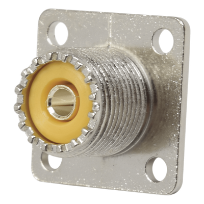 Conector UHF Hembra (SO-239), para Montaje en Chasis con 4 perforaciones a 18 mm, Terminal Soldable, Níquel/ Plata/ Delr