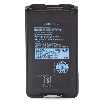 Batería intrínsecamente segura de 2,000 mAh, Li-Ion para NX-220/320 y TK-2360/3360/2170/3170