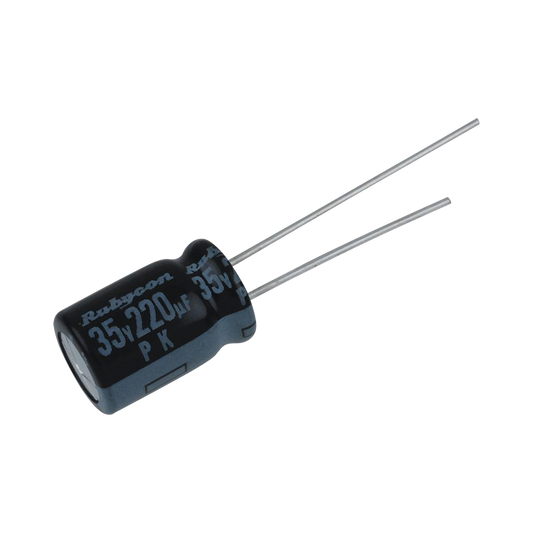 Capacitor Electrolítico Radial de Aluminio de 220 uFd, a 35 Volt.