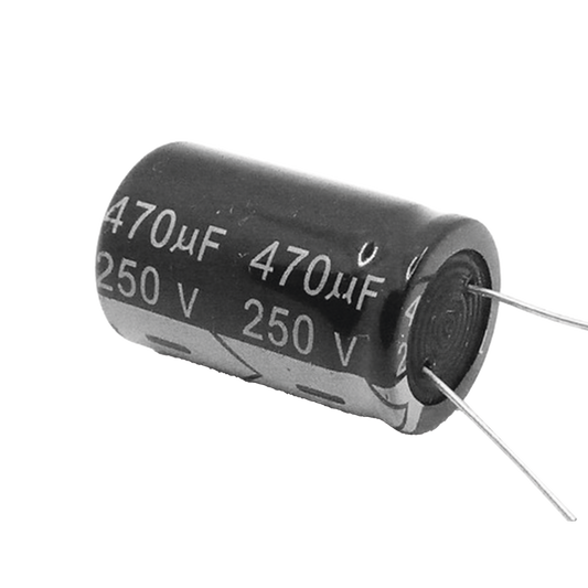 Capacitor Elecrolítico Radial, 470 µFd, 250 Vcd.
