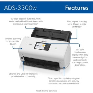 Escáner Brother ADS3300W inalámbrico 600 x 600 ppp dúplex USB