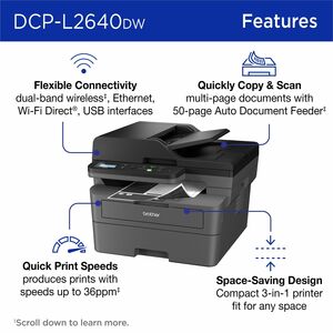Impresora láser Brother DCPL2640DW multifunción monocromo 23.6 ppm dúplex