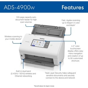 Escáner Brother ADS4900W Wi-Fi 600 x 600 ppp 60 ppm dúplex USB