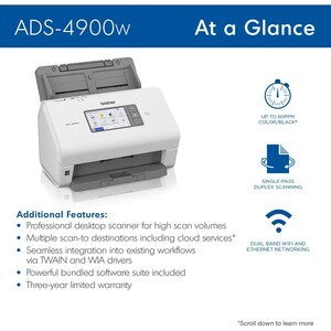 Escáner Brother ADS4900W Wi-Fi 600 x 600 ppp 60 ppm dúplex USB